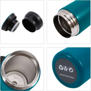 A drink bottle with a teal double wall stainless steel body, featuring a black lid and a silver inner lining.