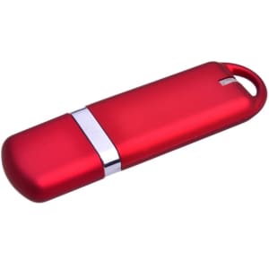 A red flash drive with a silver band, featuring a sleek design and a keychain loop.
