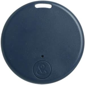 A navy blue round anti-loss smart tag with a small hole for attachment, featuring a logo on the surface.