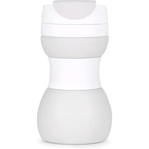 A drink bottle featuring a collapsible design in white with a smooth finish, including a logo on its surface.
