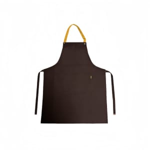 A brown poly-cotton canvas full bib apron with a yellow neck strap and ties, featuring a pocket and a logo.