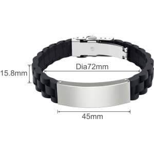 A black silicone bracelet with a silver metal clasp and adjustable size features. Dimensions and design details are included.