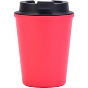 A drink bottle in bright pink with a black lid and a logo, featuring a double-wall design for insulation.