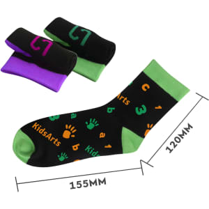 A pair of black socks with colourful patterns, including green, orange, and purple, featuring a logo.