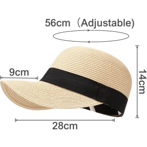 A straw sun hat with an adjustable black band, featuring a wide brim and dimensions shown in the image.