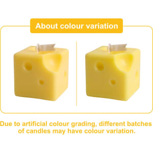 Square cheese-shaped candles in bright yellow, featuring holes resembling Swiss cheese. Includes a branding logo.