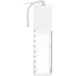 A transparent magnifying bookmark ruler in white with measurement markings and a cord for easy attachment.