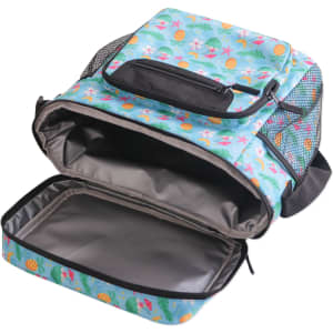 A vibrant blue cooler bag with a tropical design, featuring a strap and mesh pockets, and a spacious insulated interior.