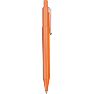 An orange plastic pen with a simple design and a clip, featuring branding on the barrel.