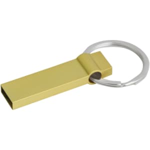 A gold flash drive with a keyring attachment. The design is sleek and rectangular.