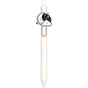 A white custom acrylic pen featuring a moon and clouds design, with a metallic clip and a logo.
