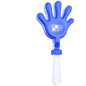 A blue plastic hand-shaped clapper with a transparent handle and a logo printed on it.