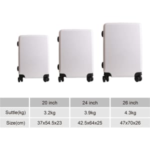 Three white ABS business suitcases of varying sizes, featuring wheels and a logo on each.