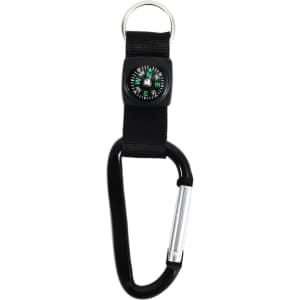 A black carabiner keychain featuring a compass attached with a fabric strap. It includes a ring for easy carrying.