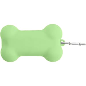 A green silicone bone-shaped dog poop bag dispenser with a clip for easy attachment.
