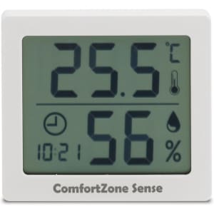 A white digital temperature and humidity thermometer displaying 25.5°C and 56% humidity, with a clock feature.
