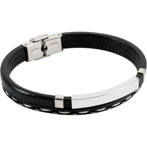 A black leather bracelet featuring a silver metal clasp and an engraved rectangular plate.