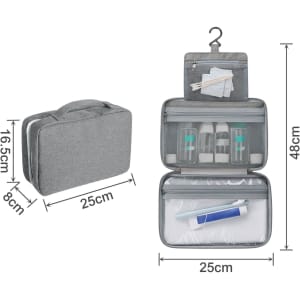 A grey portable hanging travel toiletry bag with multiple compartments and a hook for easy storage.