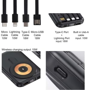 A black 10000mAh power bank with various charging ports and cables, featuring a wireless charging pad.