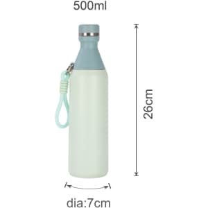 A drink bottle in mint green and grey, featuring a slim design with a metal cap and a strap.
