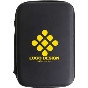 A black small zipper case featuring a logo design in yellow. Suitable for miscellaneous storage purposes.