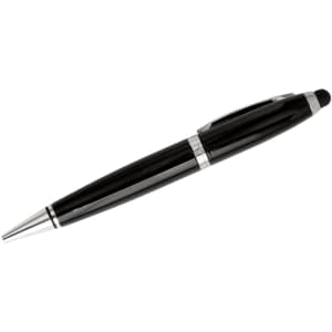 A black 3-in-1 metal flash drive pen with silver accents and a stylus tip, featuring a logo.
