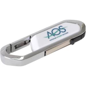 A shiny silver mini carabiner flash drive with a logo on a white surface.