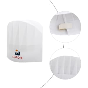 A white disposable non-woven chef hat featuring pleats and a logo. It includes a secure closure on the inside.