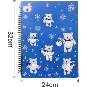 A blue spiral-bound folder featuring cartoon bears in winter attire and snowflakes. Measures 32cm by 24cm.