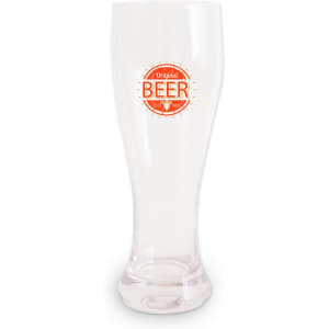 A clear glass beer glass featuring a logo, with a curved design and sturdy base.