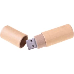 An eco-friendly flash drive in a brown cardboard sleeve, featuring a metal connector.