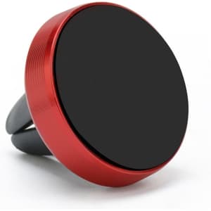 A red clip-on car phone holder with a round magnetic surface and black base. It features a logo on the product.