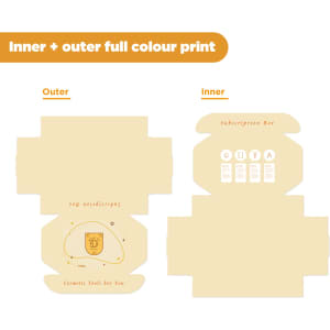 A cream-coloured subscription box packaging with full colour print, featuring an inner and outer design, and a logo.