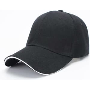 A black cap with a six-panel design and a contrast white trim along the visor, featuring a logo.