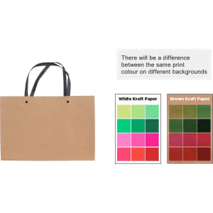 A brown paper bag with a black knitted handle, displayed alongside colour swatches on white and brown backgrounds.