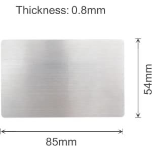A stainless steel business card with a brushed finish, measuring 85mm by 54mm and 0.8mm thick.