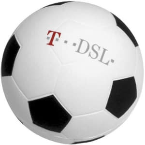 A 63mm white and black football-shaped stress reliever with a logo printed on its surface.