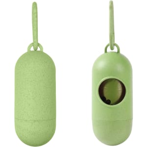 An eco-friendly green pet wastebag dispenser in a pill shape with a visible opening and a hanging loop.