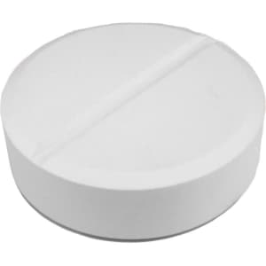 A round, white tablet-shaped stress reliever with a smooth surface and a shallow groove across the middle.