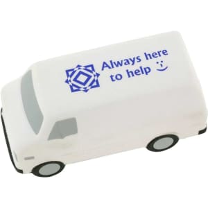 A white van-shaped stress reliever with a blue logo and text, featuring black wheels.