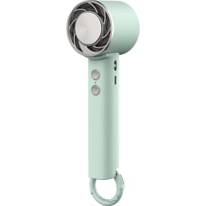 A personal cooling fan in mint green with a circular fan head and a handle featuring buttons and a keyring attachment.