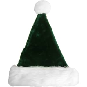 A green plush Santa hat with a white fur brim and a fluffy pom-pom on top. Features a branding logo.