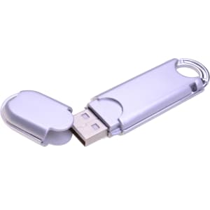 A silver O-ring flash drive with a protective cap and a keyring attachment. It features a logo on the surface.