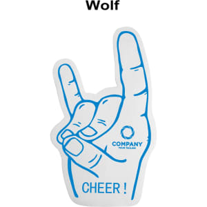 A foam mitt in blue displaying a hand gesture with fingers raised, featuring a logo.