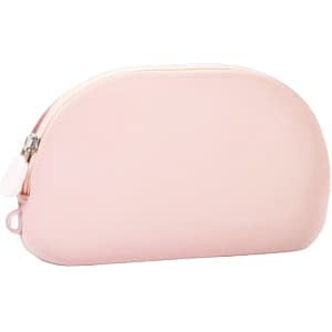 A pink silicone organiser pouch with a curved zipper design. It features a silver-tone zipper pull and has no visible branding.