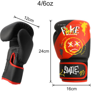 Kids boxing gloves in black, red, and yellow, featuring a design with graphics and a logo. Dimensions provided.