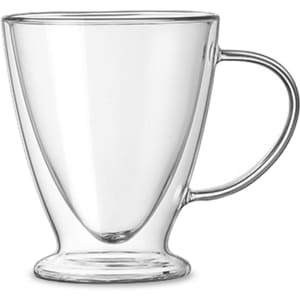 A clear, V-shaped double wall mug with a curved handle and a stable base. Features a logo on the surface.