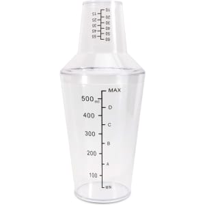 A drink bottle with a transparent design, featuring measurement markings and a removable measuring cap.