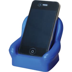 A blue stress reliever shaped like a chair, holding a mobile phone in an upright position.