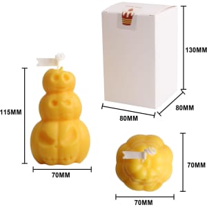 A set of three pumpkin-shaped candles in yellow, alongside a white box featuring dimensions.